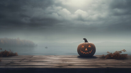 Carved Pumpkin on Wooden Table Amidst Water and Fog, Lake in the background, Halloween Night - Generative AI - obrazy, fototapety, plakaty