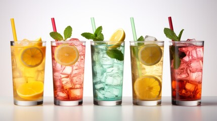 Array of colorful drinks with straws and mint leaves. Generative AI