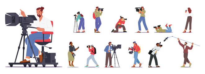 Fototapeta na wymiar Group Of Characters Holding Photo And Video Cameras, Capturing Moments With Enthusiasm, Vector Illustration