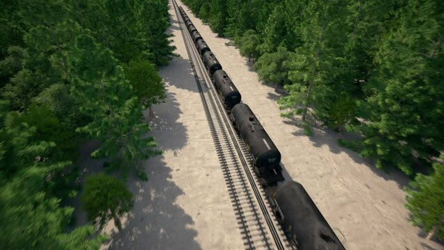 Oil tanks transportation by rail, freight train transporting oil during day. Aerial view of petroleum cisterns being transported quickly through forest road.