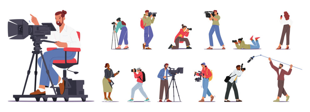 Group Of Characters Holding Photo And Video Cameras, Capturing Moments With Enthusiasm, Vector Illustration