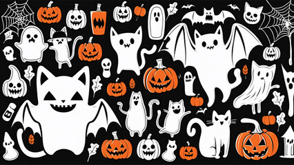 Happy Halloween set of elements, ghost, pumpkin, bat and cat. Vector is cute illustration in hand drawn style Generative AI
