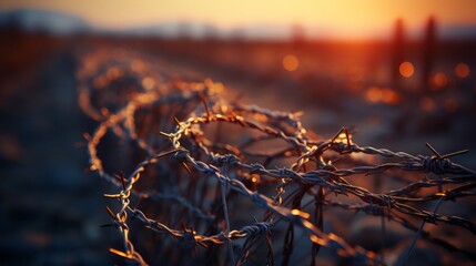 Barbed wire fence with Twilight sky. Generative AI