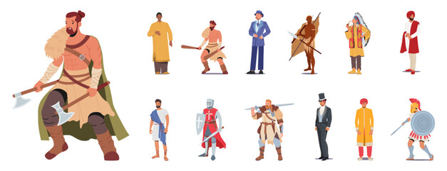 Set Of Male Characters Wear Historical Costumes. Viking, Barbarian And Native American Chief, Indian, Greek Or Roman
