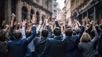 Fototapeta premium A crowd of business people seen from behind, celebrating in the street