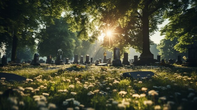 Beautiful cemetery with many rows of graves. Generative AI