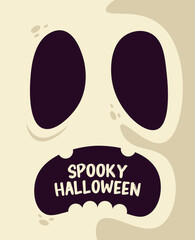 Trendy minimalistic Halloween poster with funny character and modern typography. Festive background, cover, sale banner, flyer design. Template for advertising, web, social media