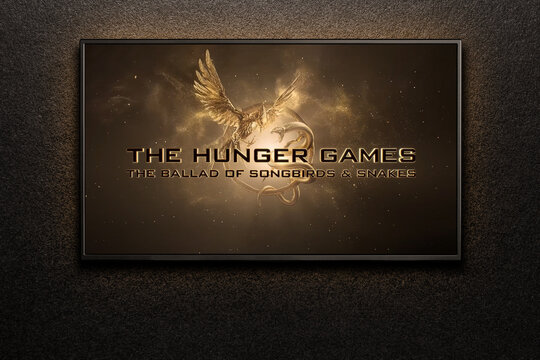 The Hunger Games The Ballad of Songbirds and Snakes trailer or movie on TV screen. TV on black textured wall. Astana, Kazakhstan - September 8, 2023.