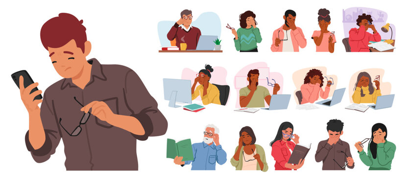 Set Of Male And Female Characters With Vision Problems Experience Blurred Vision, Difficulty Focusing, Vector