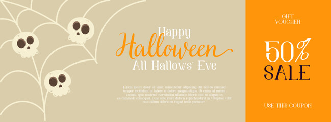 Halloween gift voucher. Commercial discount coupon with halloween elements. Vector illustration in cartoon style.