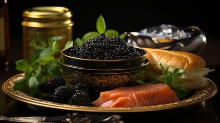Black caviar in metal can. Generative AI