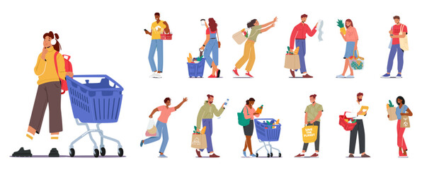 Set Diverse Group Of Male and Female Characters Happily Shopping For Groceries, Filling Their Carts With Fresh Produce