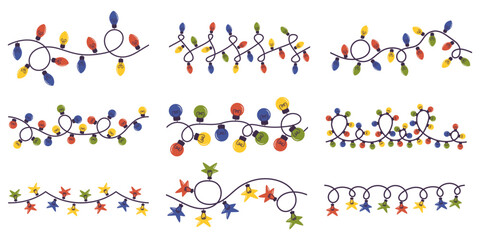 Festive Christmas Light Garlands Set, Featuring Colorful And Twinkling Lights Draped Elegantly, Vector Borders