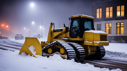yellow snowplow removing snow from winter roads in winter time after night storm in a city