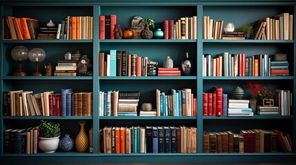 Bookshelf displaying an assortment of colorful books. Generative AI