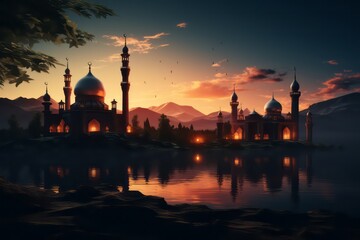 Fototapeta na wymiar city mosque at sunset