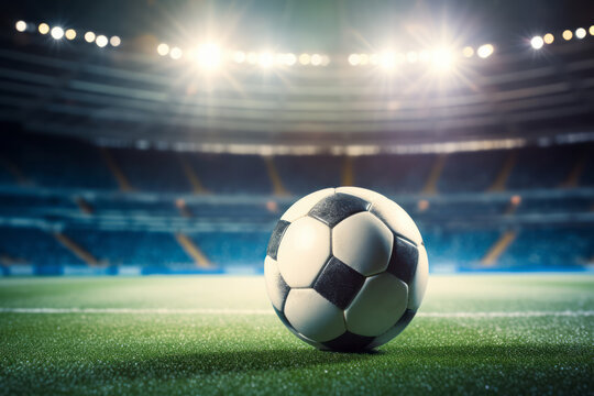 A Soccer Ball On The Soccer Stadium's Turf. The Tension Before The Game Begins. The Calm Before The Storm. Empty Supporter Seats And Spotlights Before The Competition. A Concept For Sports And Soccer.