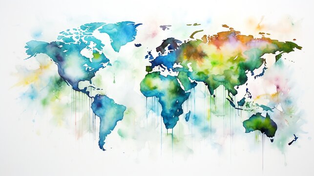 Hand drawn watercolor world map aquarelle illustration.