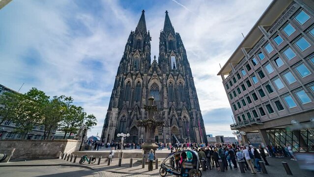 Cologne cathedral time lapse hyperlapse video, cologne dome church at day germany city. Cologne dom, church germany koln old town main sqaure.