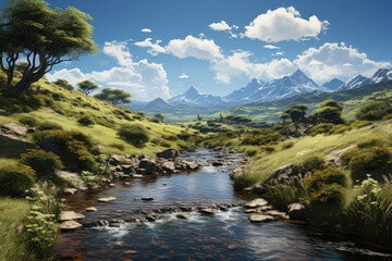 Idyllic scene depicting greener pastures, symbolizing tranquility and abundance. Generative Ai.
