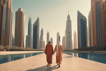 Two Arabs dressed in traditional Arab clothes are walking along the promenade towards the huge skyscrapers of the big city. Generative Ai, Ai. - obrazy, fototapety, plakaty