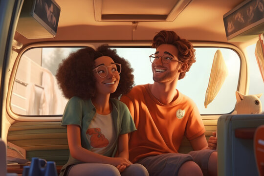 A happy young couple lies together in a van, enjoying precious moments of their vacation and cherishing each other's company. Generative Ai, Ai.
