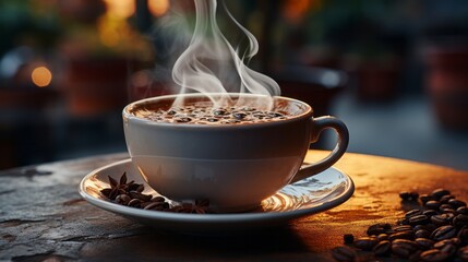 Close-up of a cup of coffee with rising smoke capturin. Generative AI