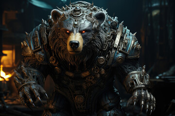 Fototapeta premium Realistic 3D sculpture of a black bear with a robot head in cinematic lighting, showcasing an intricate and captivating artwork masterpiece. Generative Ai.