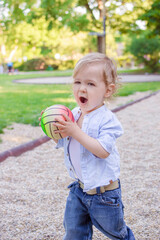 Cute little toddler boy having fun playing with colorful ball in the park, beautiful summer sunny day in children playground