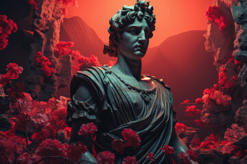 Obraz premium A statue set against a vaporwave background, presenting a unique and artistic concept blending retro aesthetics with modern elements. Generative Ai.
