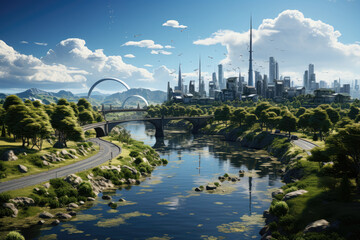 Depicts an ecology concept with a green cityscape and wind turbines, symbolizing the harmonious coexistence of urban development and renewable energy sources. Generative Ai.