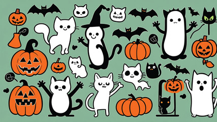 Happy Halloween set of elements, ghost, pumpkin, bat and cat. Vector is cute illustration in hand drawn style Generative AI