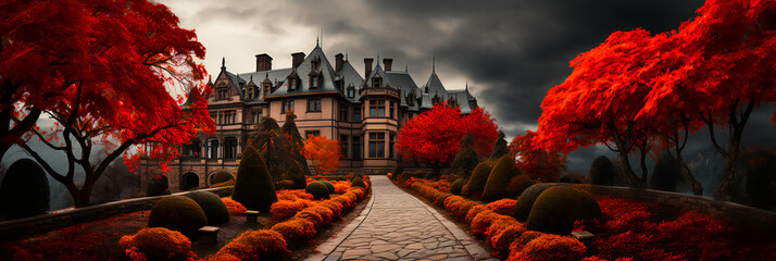 Castle - manor - estate - mountains - English - aristocrats- nobleman - fall - autumn - peak leaves  - obrazy, fototapety, plakaty