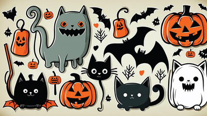Naklejka premium Happy Halloween set of elements, ghost, pumpkin, bat and cat. Vector is cute illustration in hand drawn style Generative AI