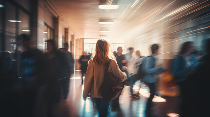 A blurry image capturing high school students navigating crowded hallways between classes in a bustling school building - obrazy, fototapety, plakaty