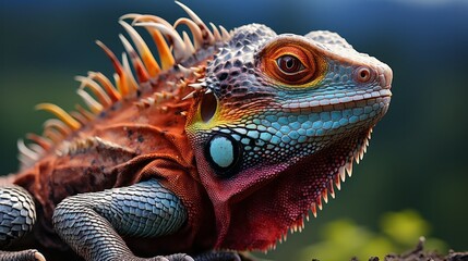 Fototapeta premium Colorful lizard in close-up detail displaying its. Generative AI