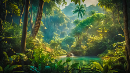 Fototapeta na wymiar A mysterious jungle forest with tall trees and mountains hills, river and waterfall 