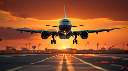 A big passenger jet beginning its ascent from an airport runway during the sunset or dawn, with its...