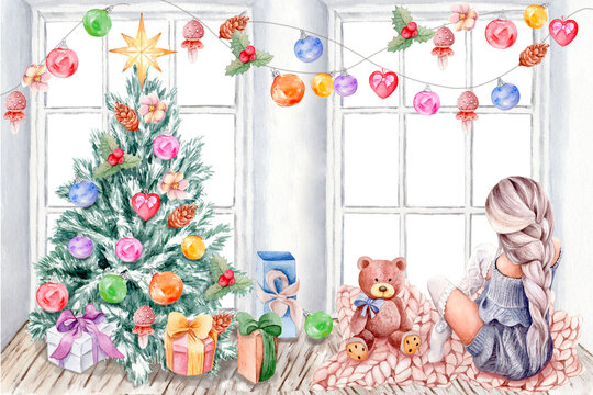 Christmas Card. With the image of a Christmas tree with toys, garlands, a Girl and gifts, a teddy bear. Hand drawn with watercolors. Christmas  design against the background of a window. Сopy space.