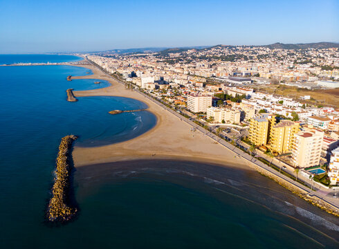 Bird's eye view of beach in Cunit, Baix Penedes region, Spain.
