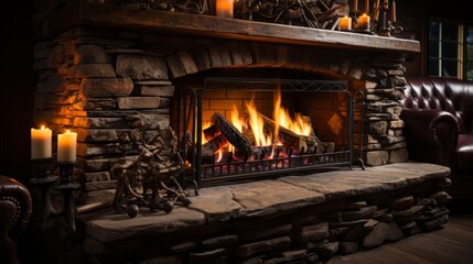 Fototapeta premium Cozy fireplace with stacked logs. Generative AI
