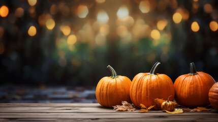 Pumpkins with autumn leaves on a wooden table with bright bokeh in the background