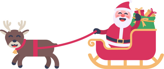 cute cartoon vector of a Santa Claus distributing gifts riding a Santa sleigh pulled by reindeer