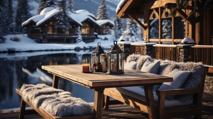 Cozy winter cabin with a wooden table set. Generative AI