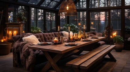 Fototapeta na wymiar Cozy winter cabin with a wooden table set. Generative AI