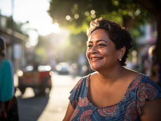 Señora latina, mexicana, madura, con cabello corto, sonriendo, en una calle de la ciudad.