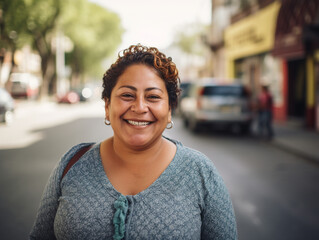 Señora latina, mexicana, madura, con cabello corto, sonriendo, en una calle de la ciudad. - obrazy, fototapety, plakaty