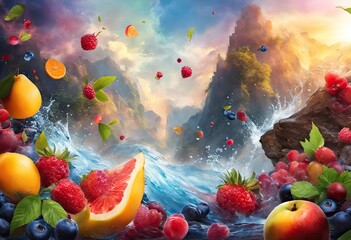 fruits exploding splash water colorful