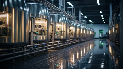 Fototapeta premium Dairy plant equipment stainless steel storage. Generative AI
