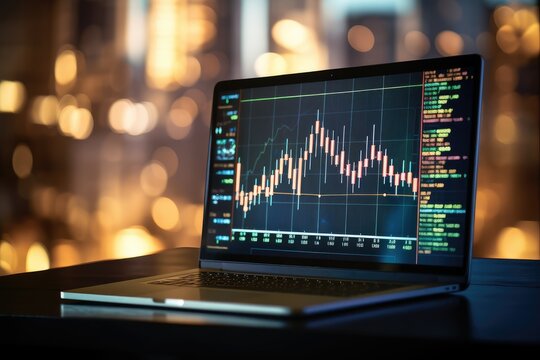 Futuristic scene with a projection of a trading chart on a tablet monitor, the movement of the stock and cryptocurrency market. diagram